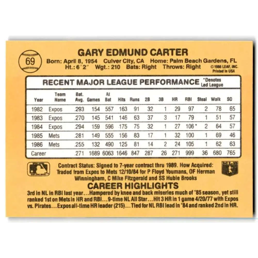 1987 Donruss #69 Gary Carter EX Excellent New York Mets Baseball Card - Baseball Card Single