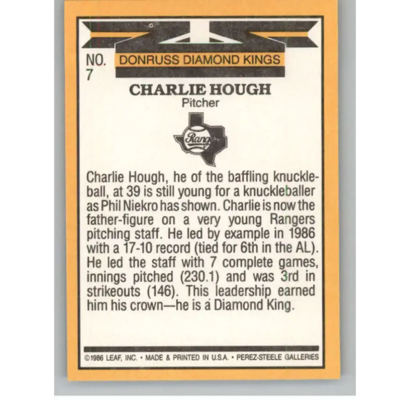 1987 Donruss #7 Charlie Hough EX Excellent Texas Rangers Baseball Card - Baseball Card Single