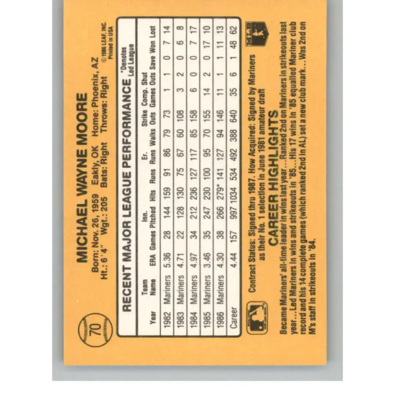 1987 Donruss #70 Mike Moore EX Excellent Seattle Mariners Baseball Card - Baseball Card Single