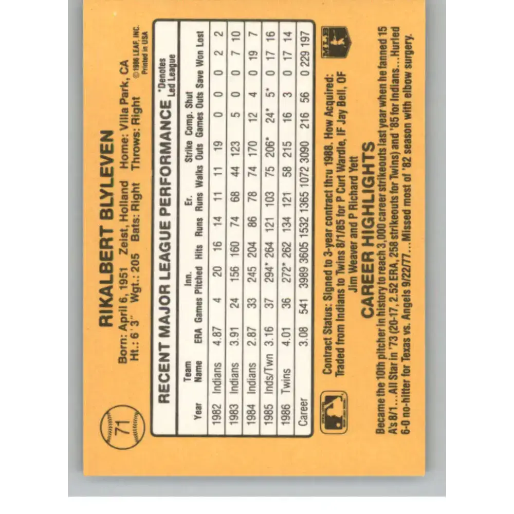 1987 Donruss #71 Bert Blyleven EX Excellent Minnesota Twins Baseball Card - Baseball Card Single