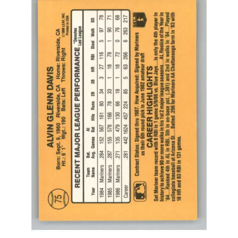 1987 Donruss #75 Alvin Davis EX Excellent Seattle Mariners Baseball Card - Baseball Card Single