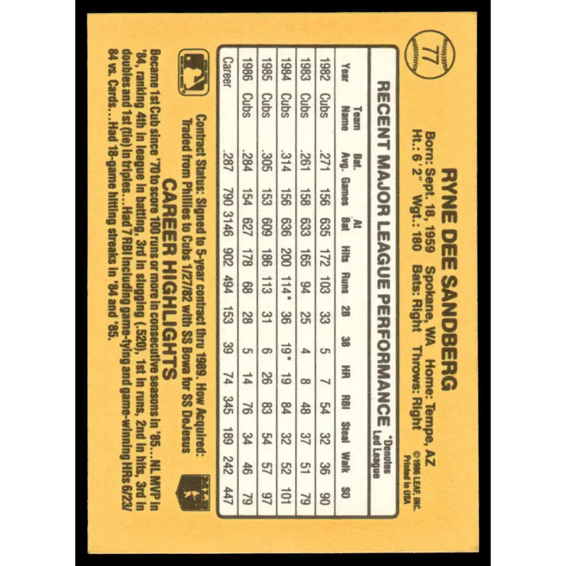 1987 Donruss #77 Ryne Sandberg EX Chicago Cubs Baseball Card - Baseball Card Single