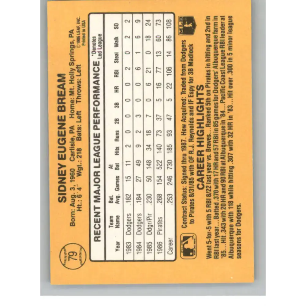 1987 Donruss #79 Sid Bream EX Excellent Pittsburgh Pirates Baseball Card - Baseball Card Single