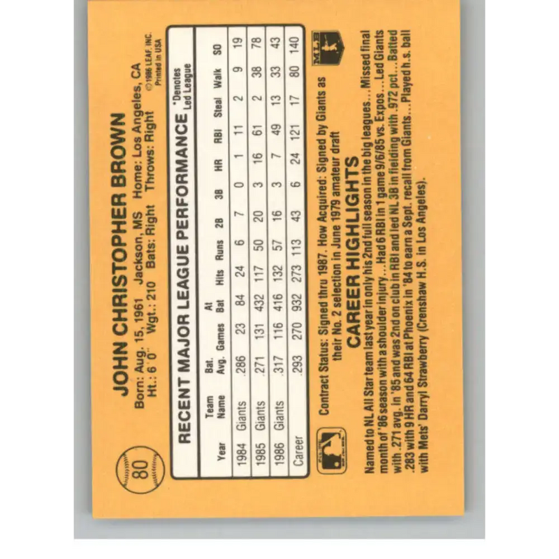 1987 Donruss #80 Chris Brown EX Excellent San Francisco Giants Baseball Card - Baseball Card Single