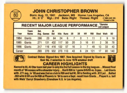 Baseball card back featuring original gloss of 1987 Donruss Chris Brown Giants ID 64344