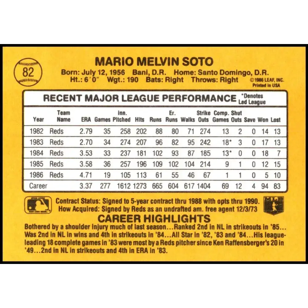 1987 Donruss #82 Mario Soto EX Excellent Cincinnati Reds Baseball Card - Baseball Card Single