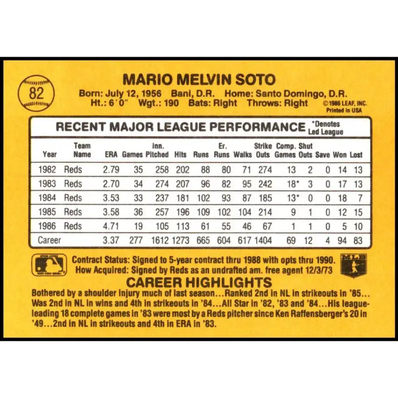 1987 Donruss #82 Mario Soto EX Excellent Cincinnati Reds Baseball Card - Baseball Card Single