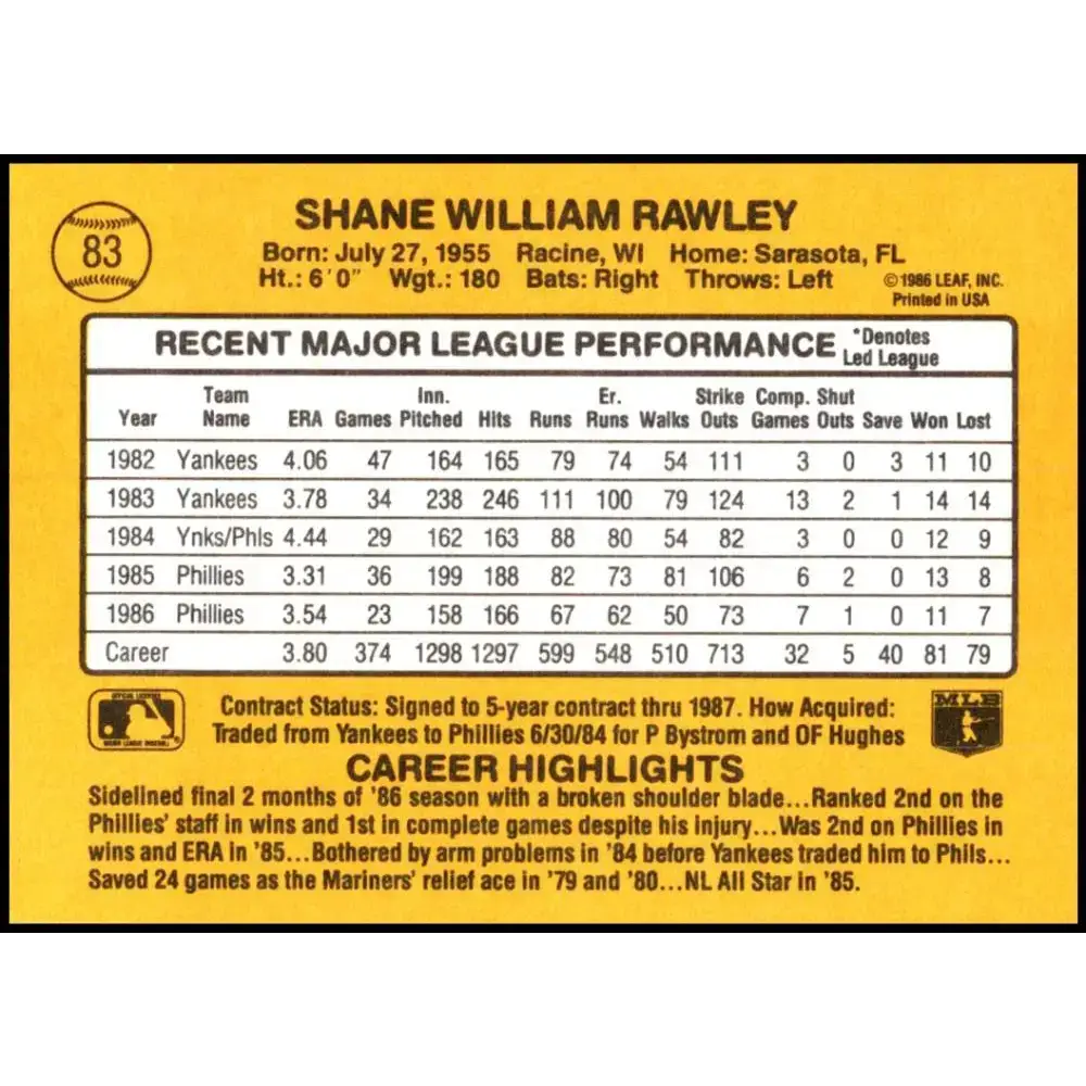 1987 Donruss #83 Shane Rawley EX Excellent Philadelphia Phillies Baseball Card - Baseball Card Single