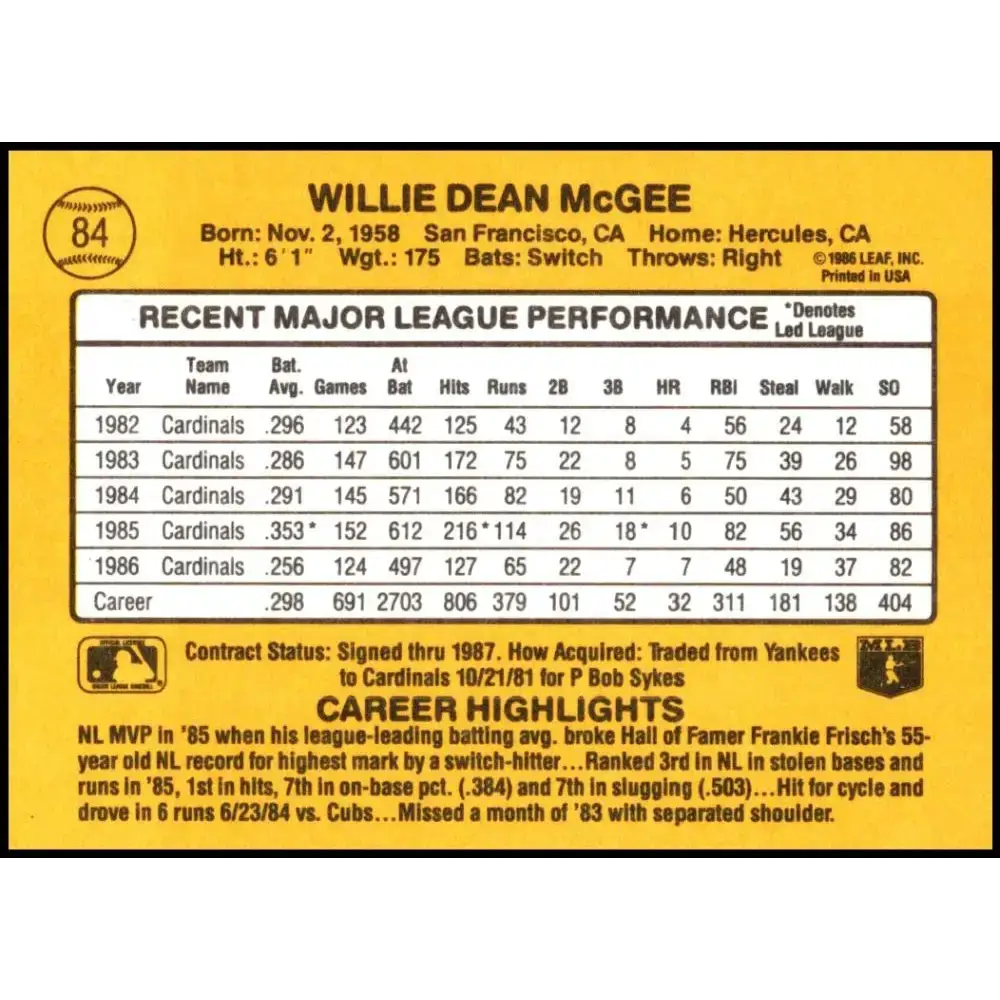 1987 Donruss #84 Willie McGee EX Excellent St. Louis Cardinals Baseball Card