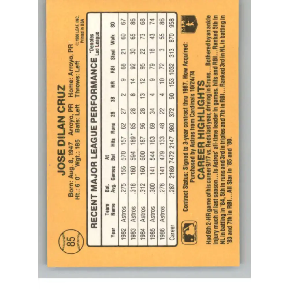 1987 Donruss #85 Jose Cruz EX Excellent Houston Astros Baseball Card - Baseball Card Single