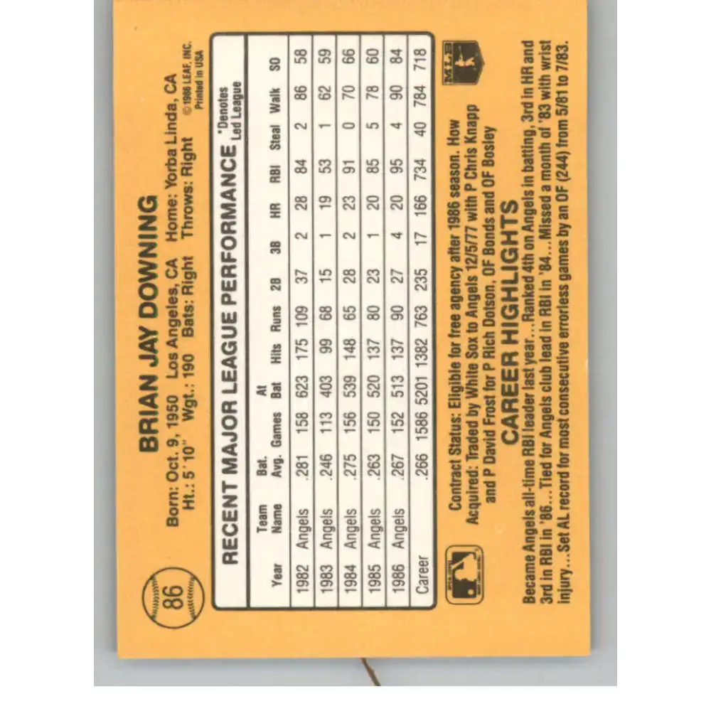 1987 Donruss #86 Brian Downing EX Excellent California Angels Baseball Card - Baseball Card Single