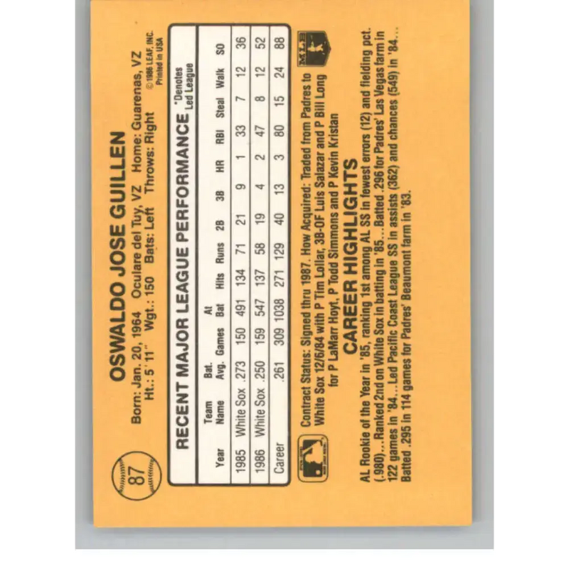 1987 Donruss #87 Ozzie Guillen EX Excellent Chicago White Sox Baseball Card - Baseball Card Single