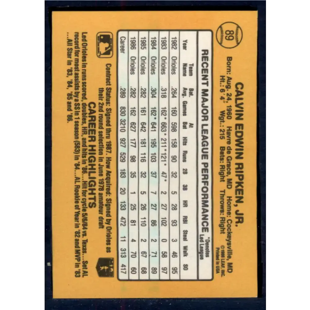 1987 Donruss #89 Cal Ripken Jr. EX Excellent Baltimore Orioles Baseball Card - Baseball Card Single