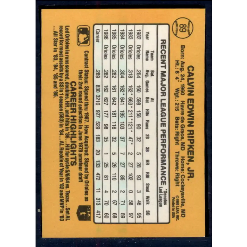 1987 Donruss #89 Cal Ripken Jr. EX Excellent Baltimore Orioles Baseball Card - Baseball Card Single