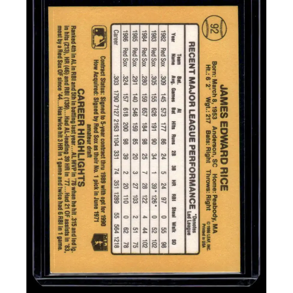 1987 Donruss #92 Jim Rice EX Boston Red Sox Baseball Card