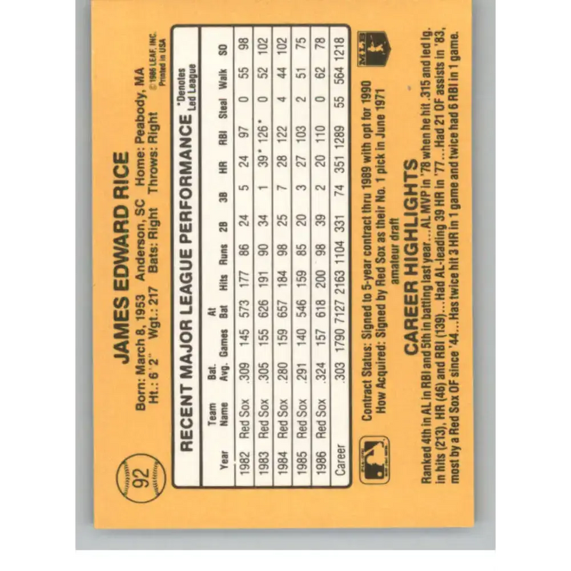 1987 Donruss #92 Jim Rice EX Excellent Boston Red Sox Baseball Card - Baseball Card Single
