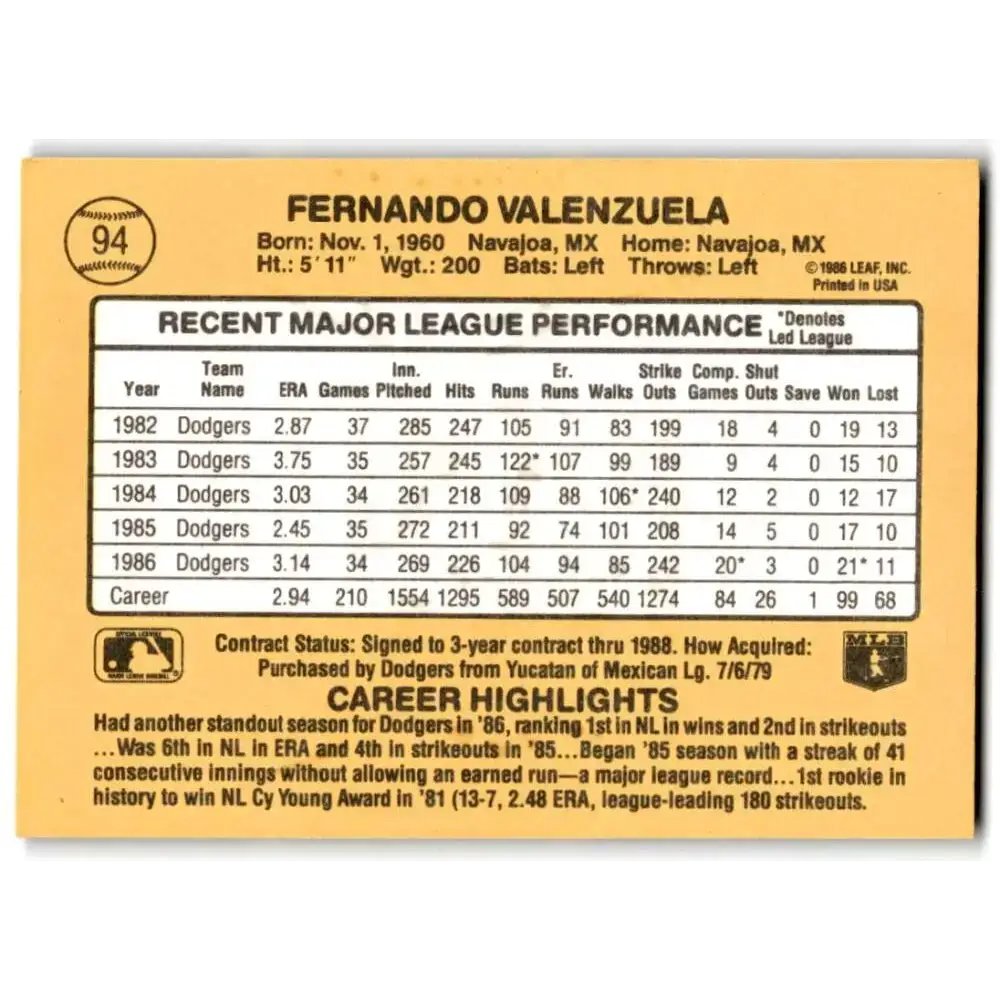 1987 Donruss #94 Fernando Valenzuela EX Excellent Los Angeles Dodgers Baseball Card
