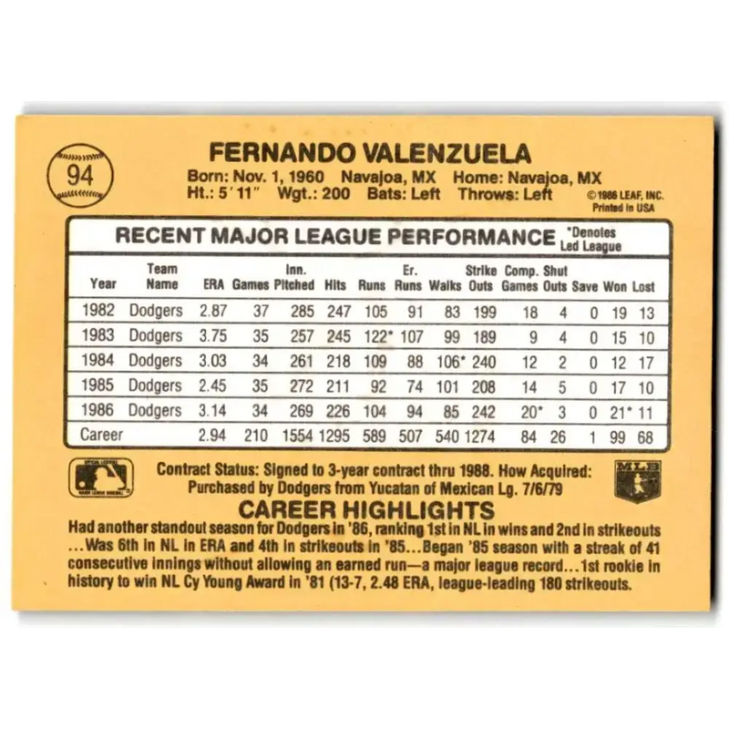 1987 Donruss #94 Fernando Valenzuela EX Excellent Los Angeles Dodgers Baseball Card