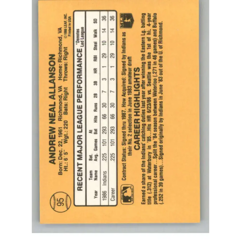 1987 Donruss #95 Andy Allanson EX Excellent RC Rookie Cleveland Indians Baseball Card - Baseball Card Single