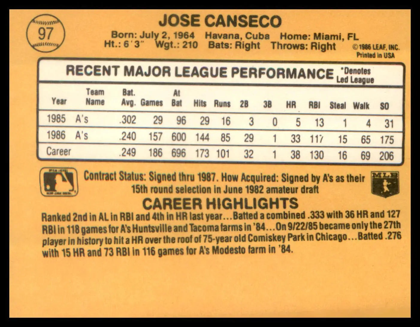 1987 Donruss #97 Jose Canseco - Baseball Card Single