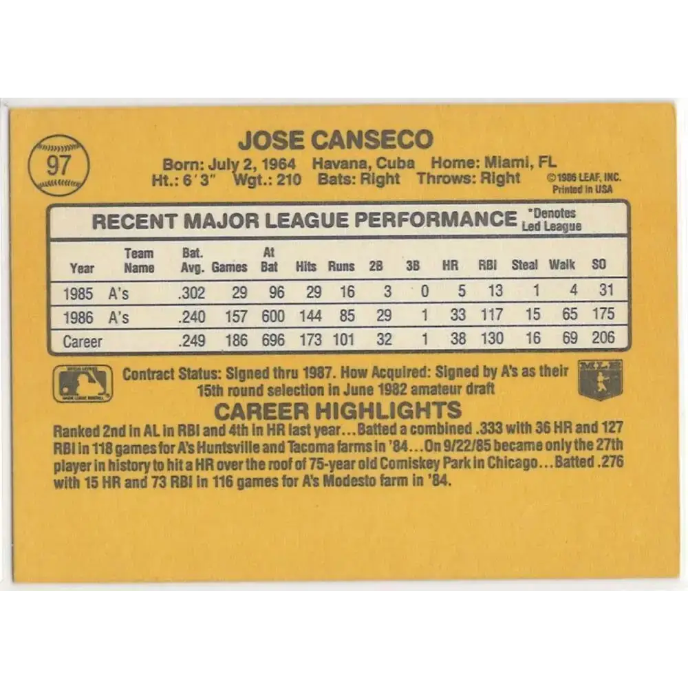 1987 Donruss #97 Jose Canseco EX Excellent Oakland Athletics Baseball Card - Baseball Card Single