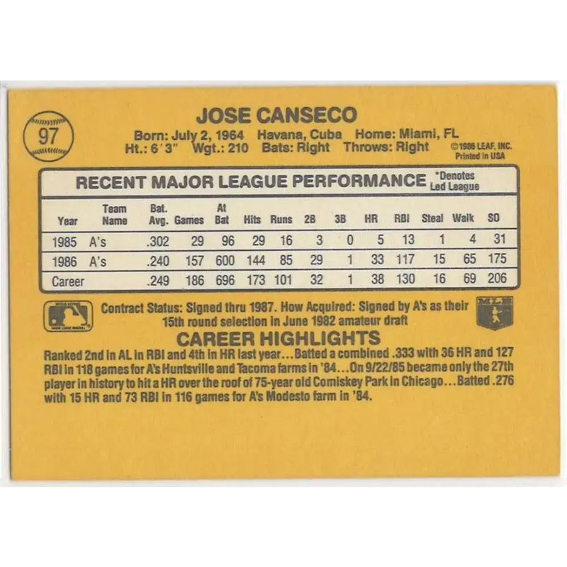 1987 Donruss #97 Jose Canseco EX Excellent Oakland Athletics Baseball Card - Baseball Card Single