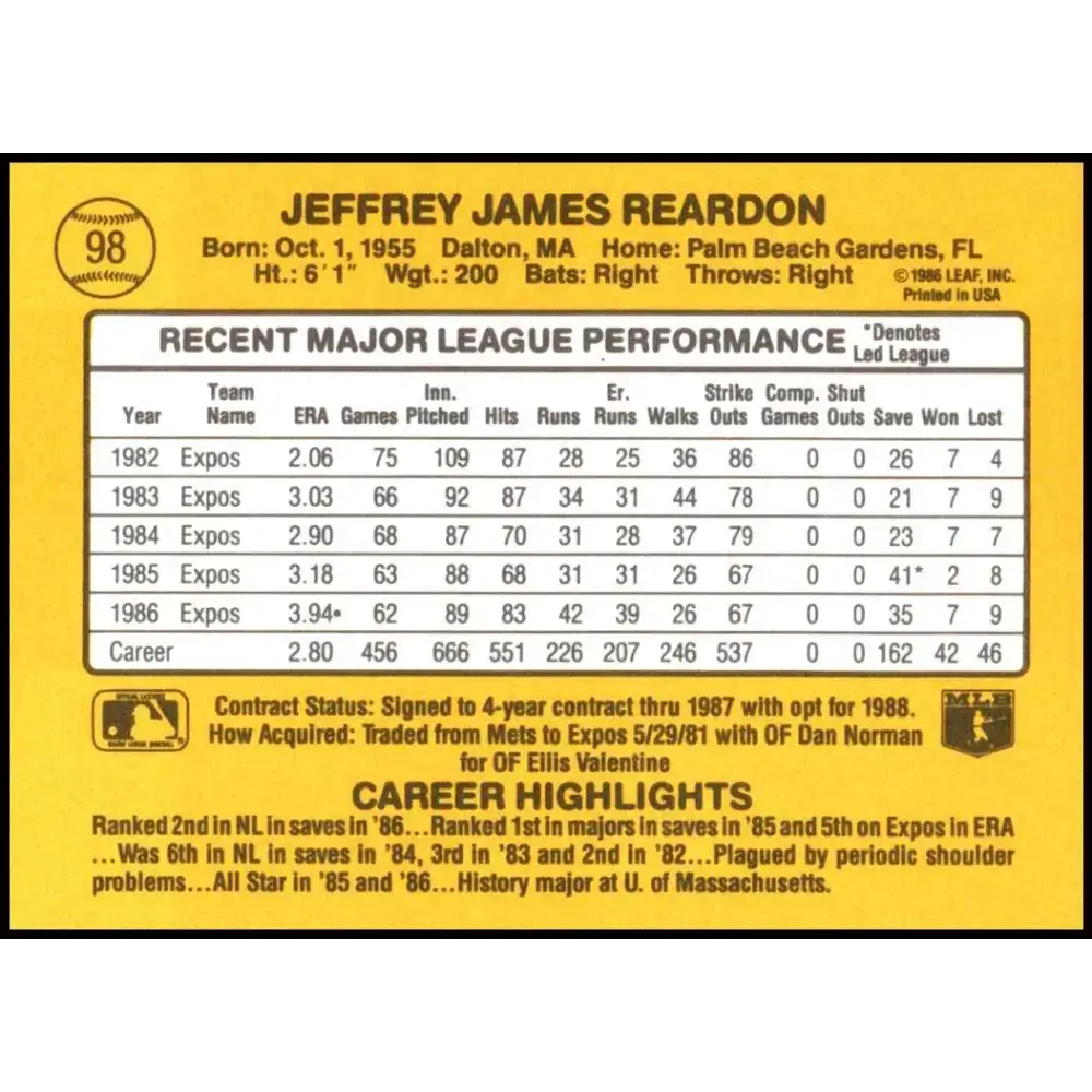 1987 Donruss #98 Jeff Reardon EX Excellent Montreal Expos Baseball Card - Baseball Card Single