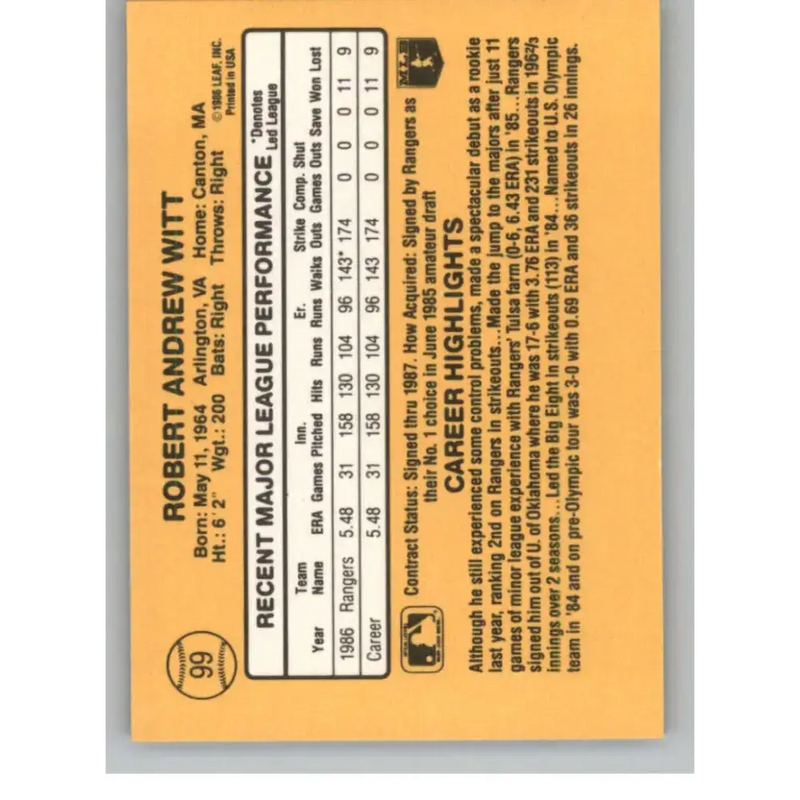 1987 Donruss #99 Bobby Witt EX Excellent RC Rookie Texas Rangers Baseball Card - Baseball Card Single
