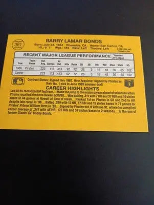 1987 Donruss - Barry Bonds #361 (RC). Pittsburgh Pirates. EX+ - NRMT