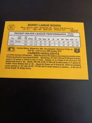 1987 Donruss - Barry Bonds #361 (RC). Pittsburgh Pirates. EX+ - NRMT