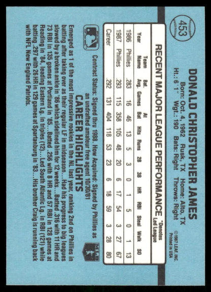 1987 Donruss Chris James #453 baseball card featuring Donald Christopher James