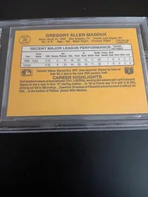1987 Donruss Greg Maddux #36 Rated Rookie (RC). Cubs BGS 8.5 (slab crack) NM-MT+