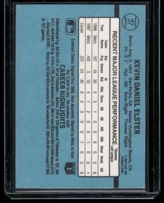 Baseball trading card featuring 1987 Donruss Rated Rookie Kevin Elster #37