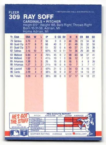 1987 Fleer #309 Ray Soff St. Louis Cardinals Baseball Cards EX/NM ID:64419