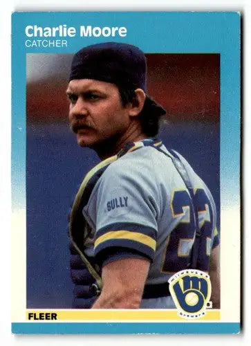 Original gloss Charlie Moore Milwaukee baseball card from 1987 Fleer #351 featuring Moore Milwaukee Brewers