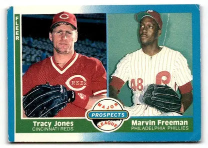 Original gloss baseball trading card featuring Tracy Jones and Marvin Freeman from 1987 Fleer