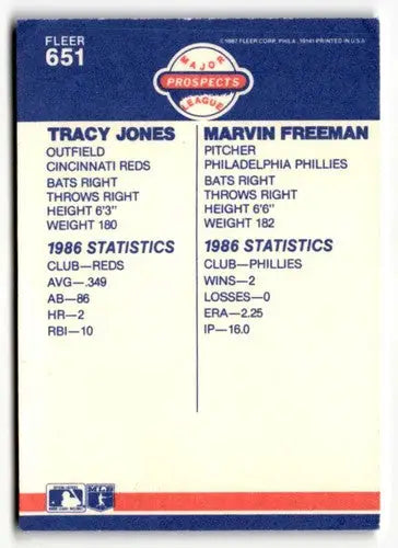 Original gloss baseball card back featuring Tracy Jones and Marvin Freeman Cincinnati Reds