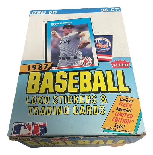 1987 Fleer Baseball Wax Box featuring trading cards and logo stickers