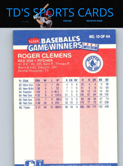 Roger Clemens 1987 Fleer Baseball’s Game Winners card, collectible baseball card