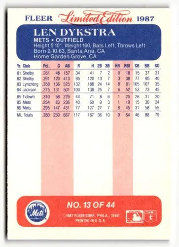 1987 Fleer Limited Edition #13 Len Dykstra EX/NM ID:48830 - Baseball Card Single
