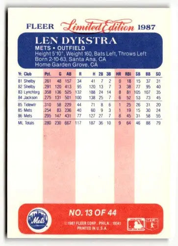 1987 Fleer Limited Edition #13 Len Dykstra NM ID:48786 - Baseball Card Single