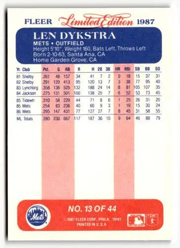 1987 Fleer Limited Edition #13 Len Dykstra NM ID:48852 - Baseball Card Single