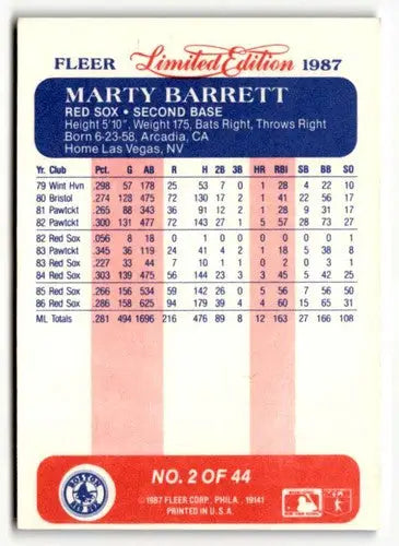 1987 Fleer Limited Edition #2 Marty Barrett NM ID:48773 - Baseball Card Single