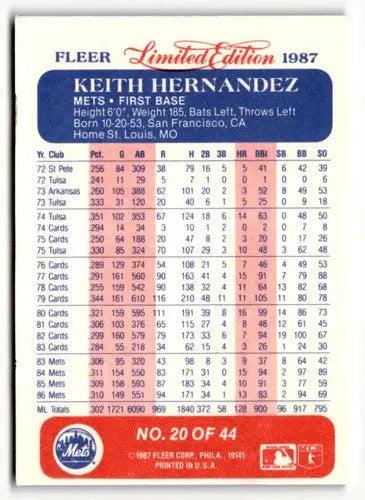 1987 Fleer Limited Edition #20 Keith Hernandez EX ID:48796 - Baseball Card Single