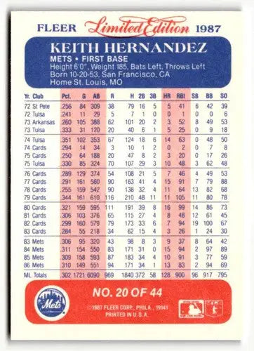 1987 Fleer Limited Edition #20 Keith Hernandez NM ID:48823