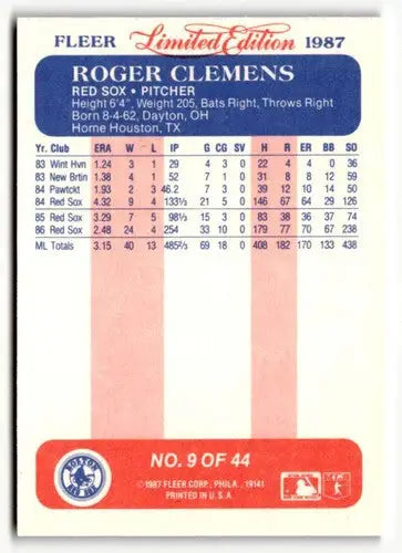 1987 Fleer Limited Edition #9 Roger Clemens EX/NM ID:48834 - Baseball Card Single