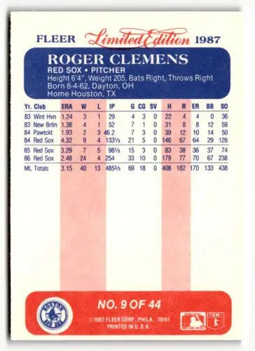 1987 Fleer Limited Edition #9 Roger Clemens NM ID:48790 - Baseball Card Single
