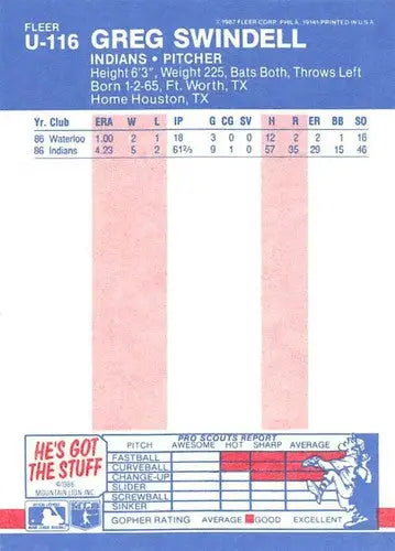 1987 Fleer Update #U-116 Greg Swindell NM Near Mint Indians - Baseball Card Single