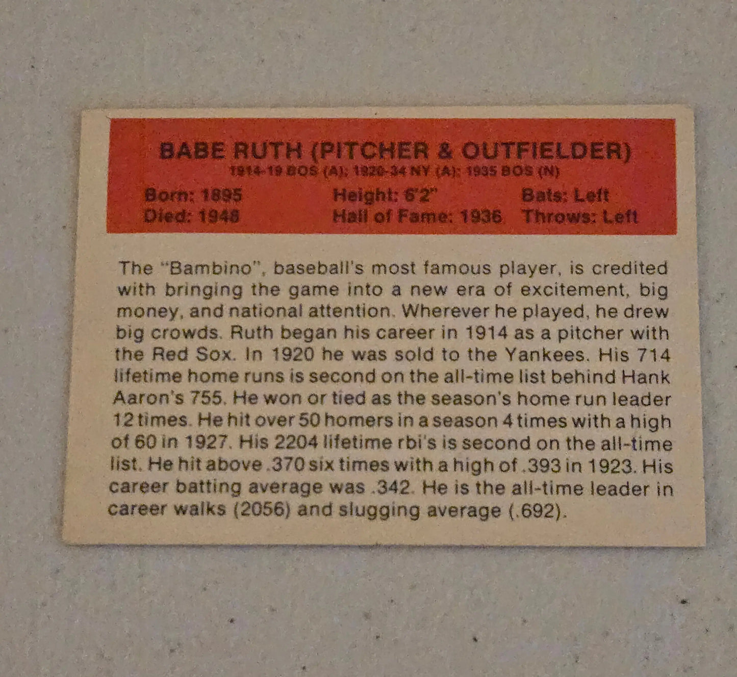 1987 Hygrade All-Time Greats #NNO Babe Ruth Time Greats - Promos (Red Backs) - Collectible Trading Card
