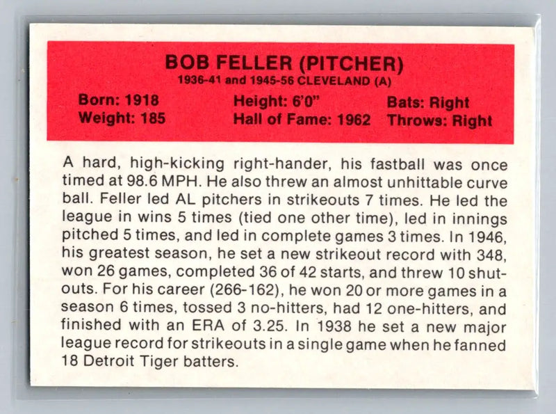 1987 Hygrade All-Time Greats NNO Bob Feller baseball card featuring Indians hat logo